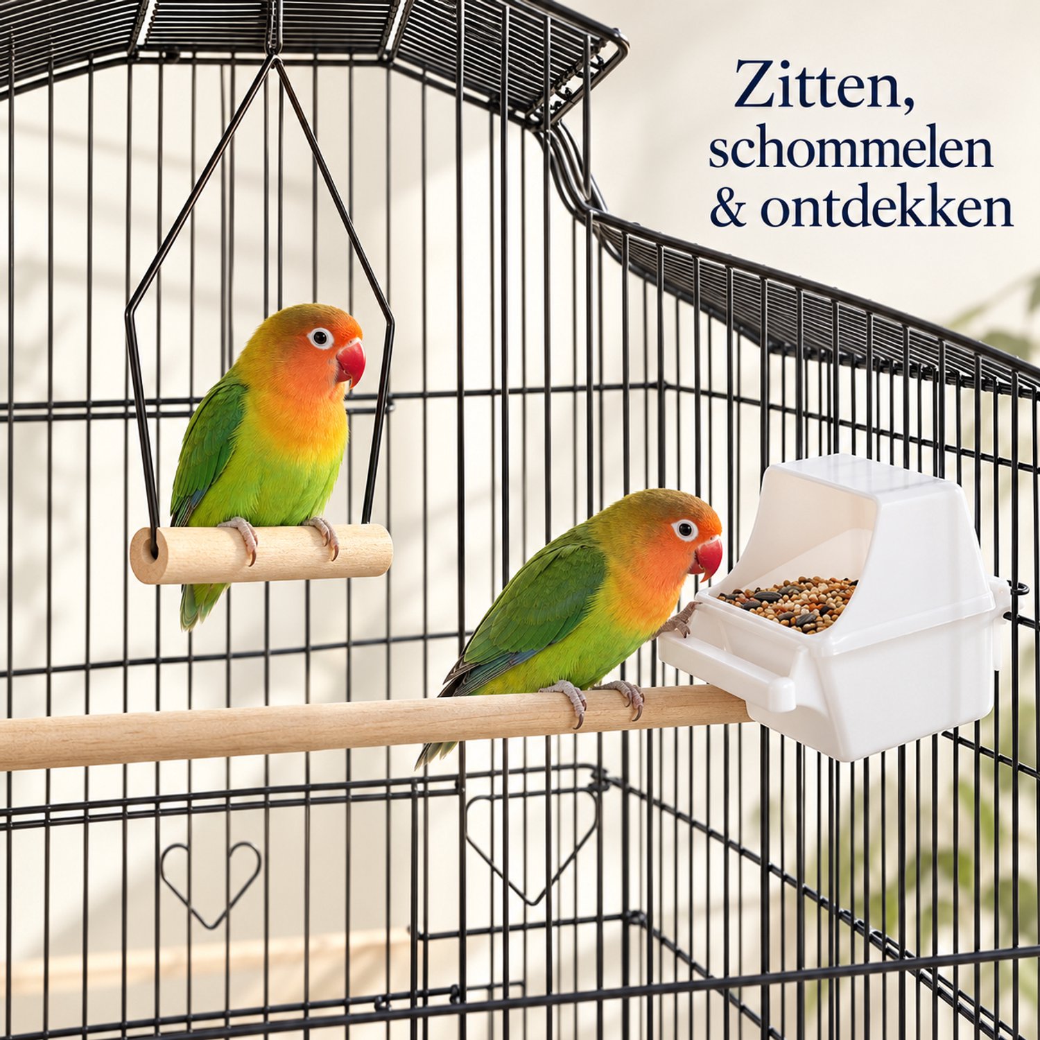Papa Simba Vogelkooi met Standaard – Open Dak met Zitplaats – 4 Voerbakken – Verrijdbaar – Zwart – HMTM-10002-Black thumbnail 5