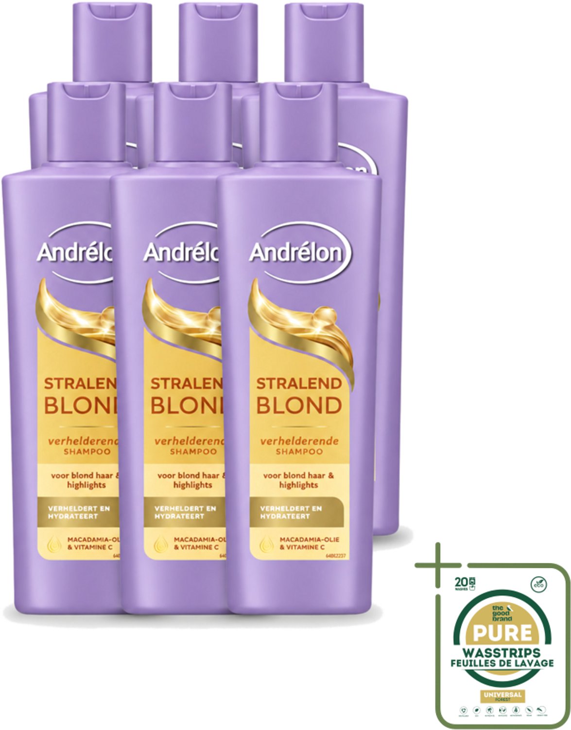 6 x Andrélon – Shampoo – Stralend Blond – 250 ml - Wasstrips - Blond Haar Verzorgen - Glanzend Blond Haar - Blond Haar Verlichten - Blond Haar Hydrateren - Vitamine C Voor Haar