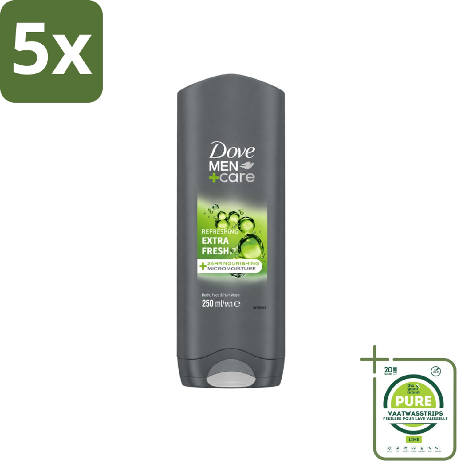 5 x Dove Men+Care Douchegel - Extra Fresh - 250 ml - Grootverpakking - Vaatwasstrips - Douchegel Voor Mannen - Frisse Geur - Huidverzorging - Uitdroging Voorkomen - MICROMOISTURE™ Technologie