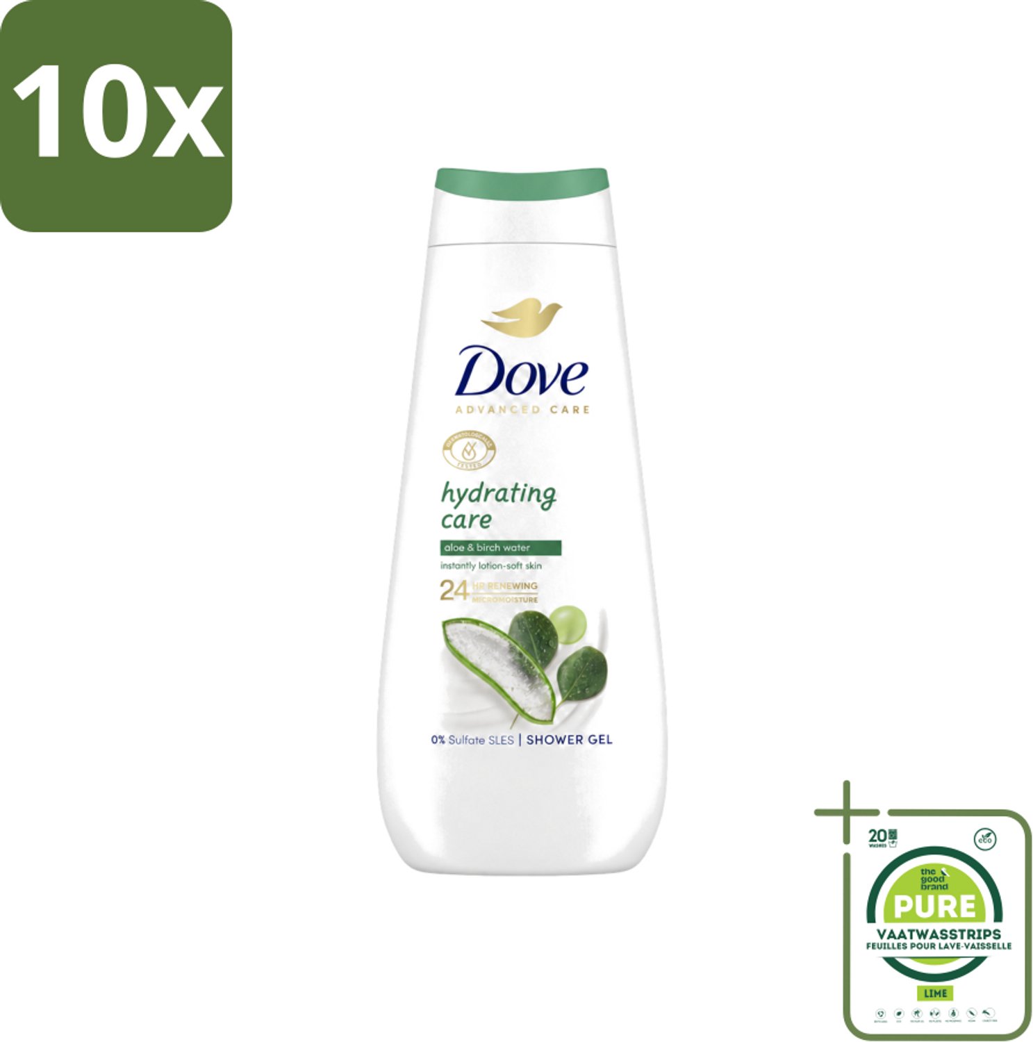 10 x Dove Douchecrème - Hydrating Care - Aloe Vera - 400 ml - Grootverpakking - Vaatwasstrips - Douchecrème - Hydraterende Douchegel - Droge Huid - Aloë Vera - Berkenwater