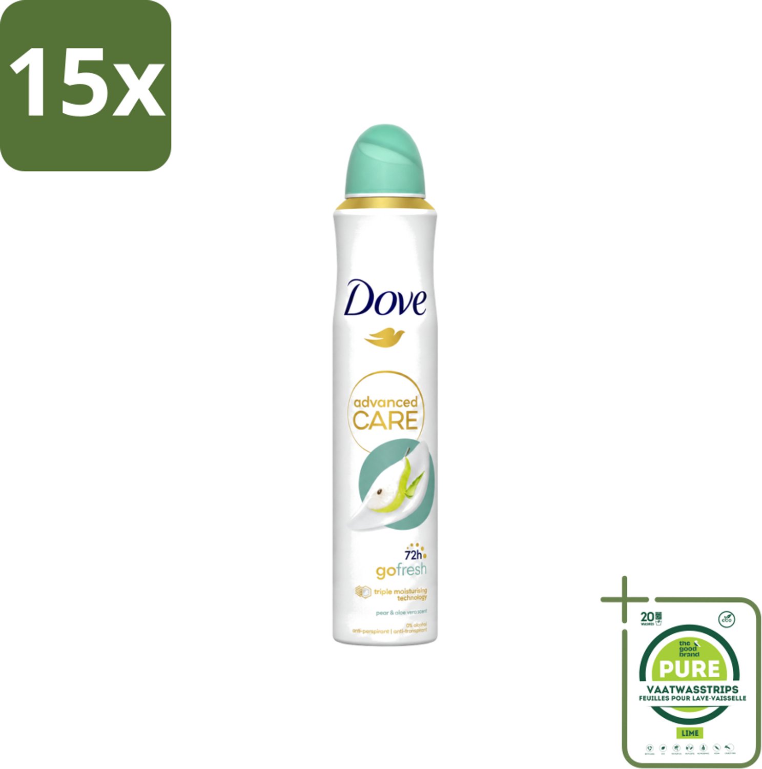 15 x Dove Deodorant Spray - Peer & Aloë Vera - 200 ml - Grootverpakking - Vaatwasstrips - Dove Deodorant Spray - Anti-transpirant - Zweetvermindering - Frisheid - Okselhuid Verzorging