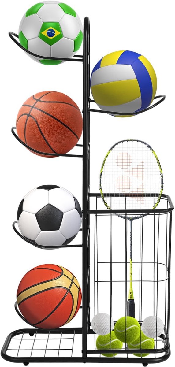 Ballenrek, basketbalkorf met 5 balstandaarden en manden, metalen standaard, sporttoestellen, organizer voor basketbal, volleybal, voetbal