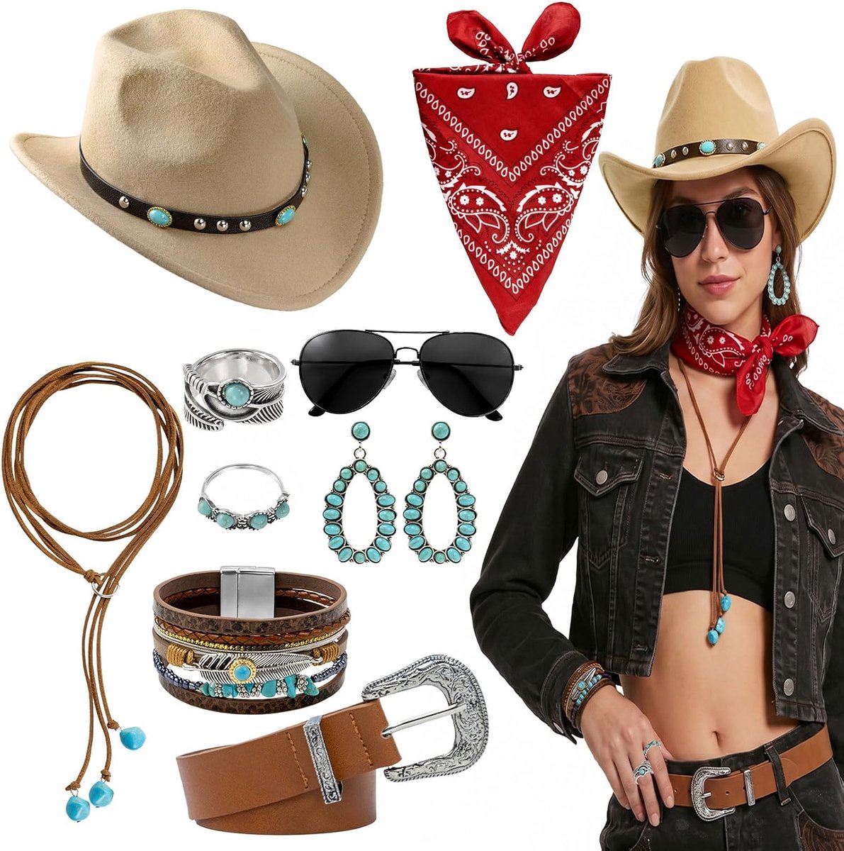 9-delige accessoires cowboykostuum dames bruin cowboyhoed western outfit
