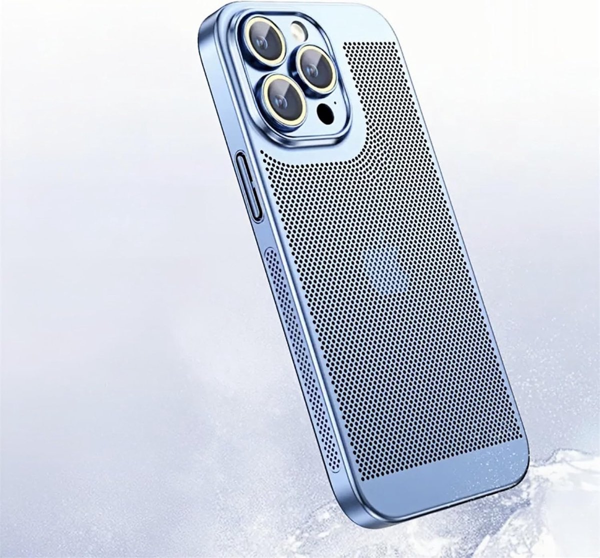 Compatibel met iPhone 13 Mini, gegalvaniseerd, fijne gatbescherming, telefoonhoes, ultradunne PC-afdekking, beschermhoes, mat gevoel, verkoelend, ademend, faar-peak-blauw