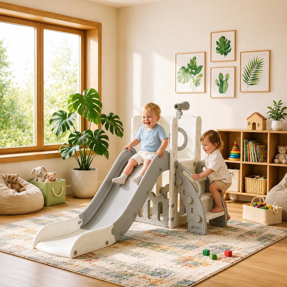 Glijbaan Voor 1-3 Jaar, Binnen- & Buitenglijbaan Jaar, Vrijstaande Glijbaan met Opbergruimte & Speeltelescopen, Tuinglijbaan, Kinderspeelplaats, Grijs-Wit, Module 1PCS
