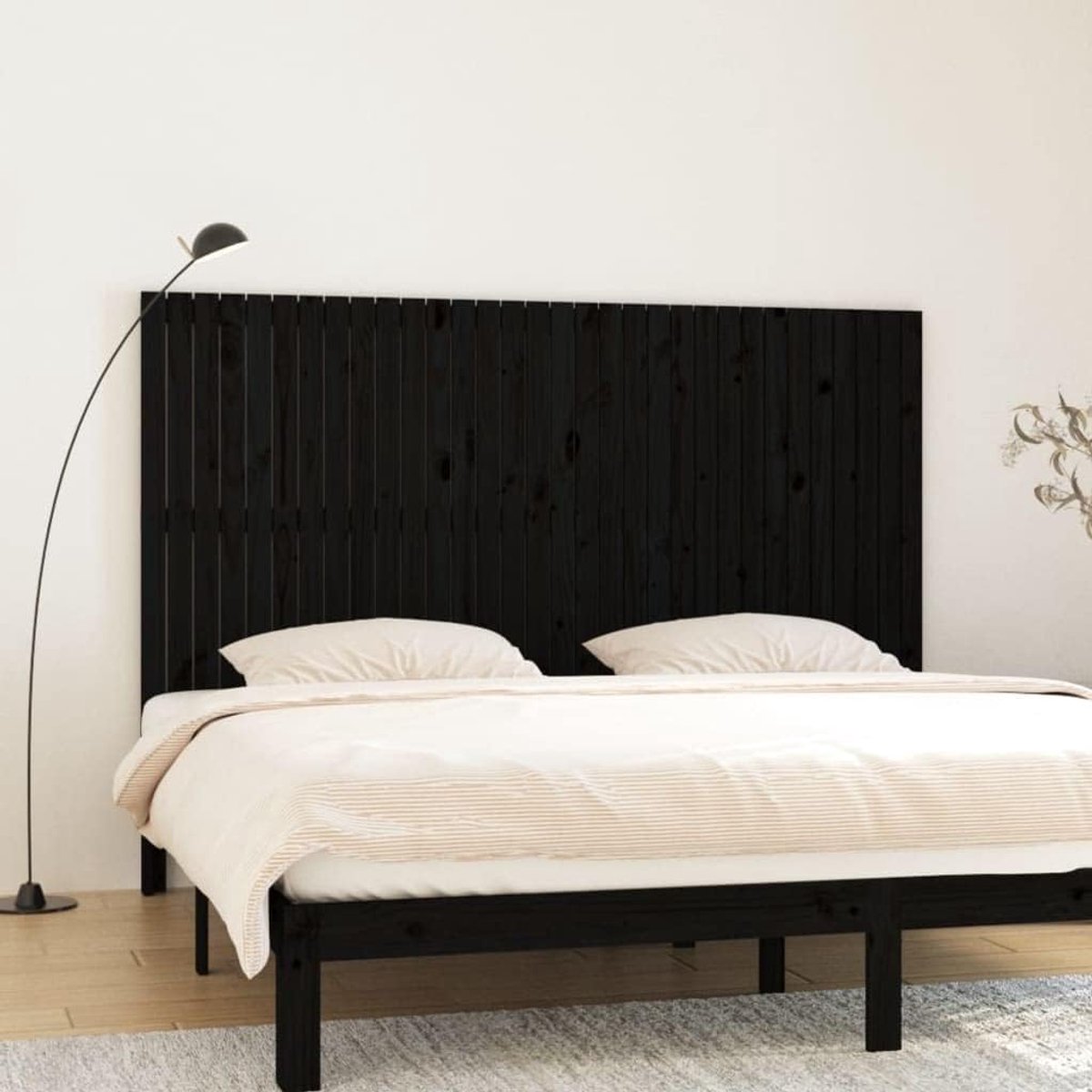 Hoofdeinde van massief grenenhout, zwart, 204 x 3 x 110 cm, wandmontage, biedt uitstekende rugsteun bij het lezen of televisie kijken,