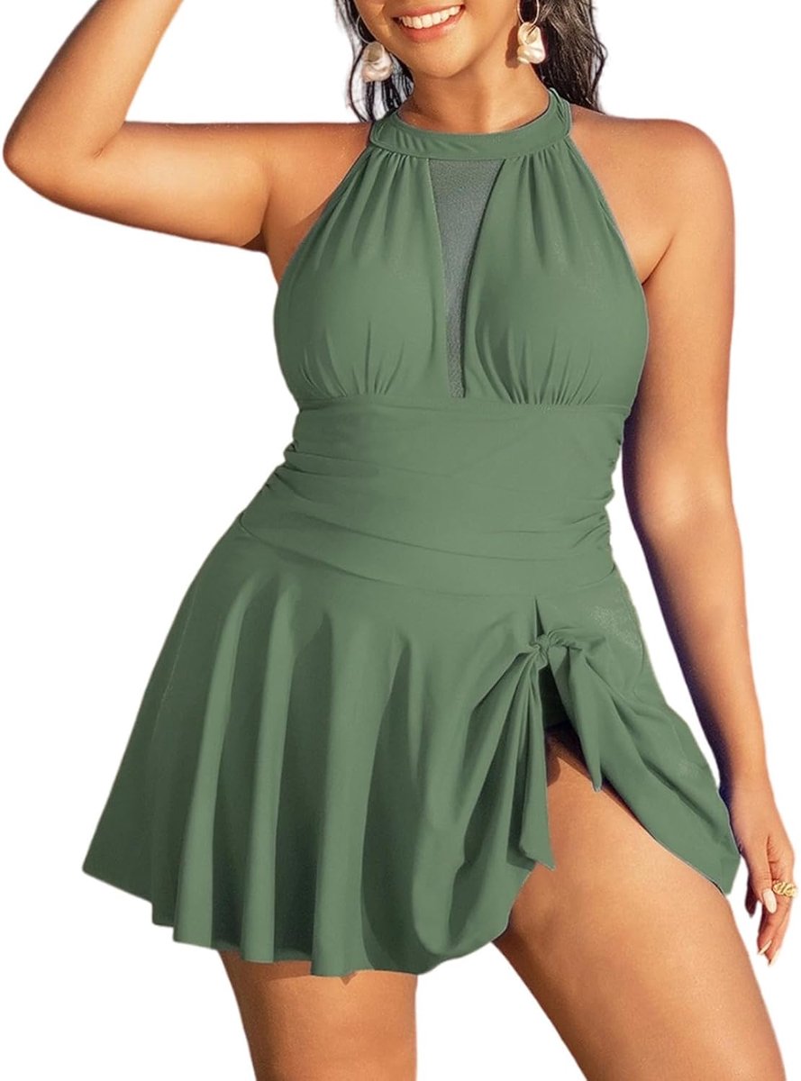 badpak voor dames, grote maten, sexy haltertop, buikweg-badjurk met cups en rok