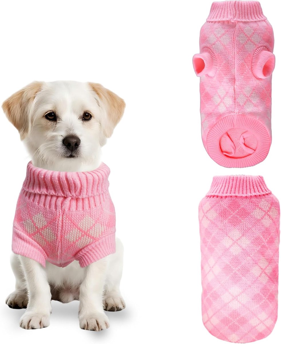Rolkraagtrui, gebreid ruitpatroon, warme puppytrui, knuffelzachte winteroutfit voor middelgrote honden zoals Franse bulldogs, corgi, beagles, roze, XL