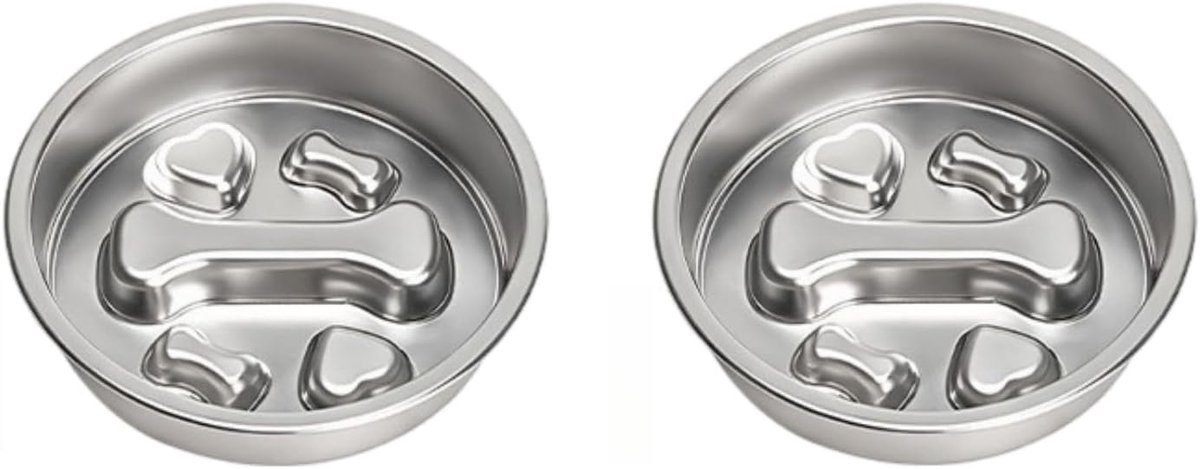 Set van 2 anti-schrokbak van roestvrij staal, diameter 18 cm, hoogte 4 cm, 4 designs, voor langzaam eten bij honden en katten, antislip en onderhoudsvriendelijk (botdesign)
