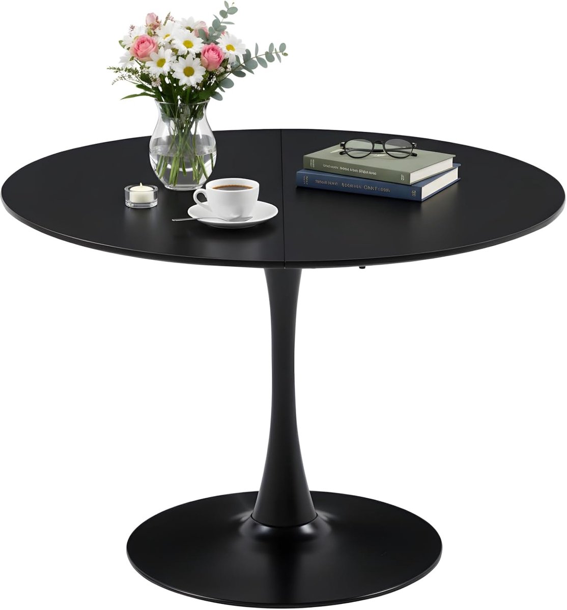 Eettafel, rond, zwart, diameter 110 cm, voor 4 tot 6 personen, ronde eettafel, modern, met metalen basis, voor keuken, woonkamer, café (zwart, 110 x 110 x 73 cm)