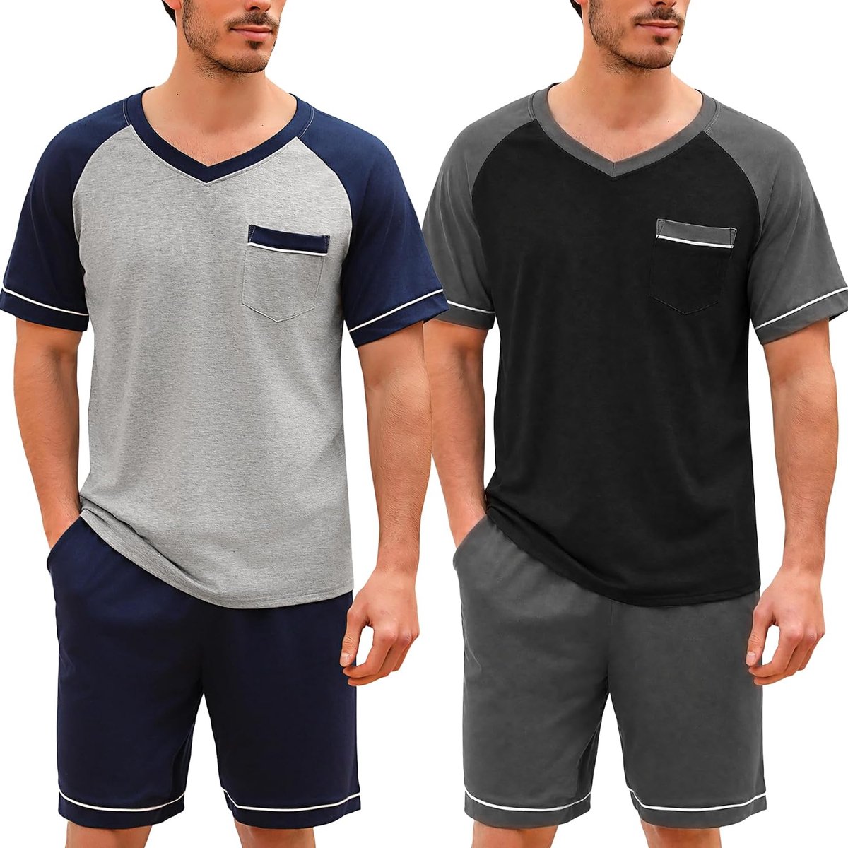 Zomerpyjama voor heren, katoen, pyjamaset met korte mouwen en broek, korte pyjama, 2-delig, met zakken, S-XXL