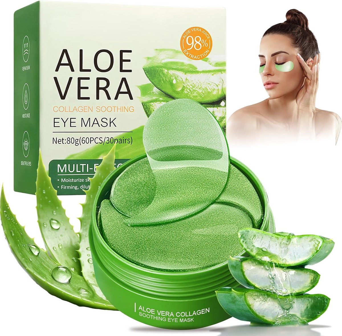 60 stuks aloë vera oogpads – Hydraterend hydrogelmasker tegen donkere kringen, rimpels en wallen. Verkoelend en verstevigend voor vermoeide ogen, 80 g