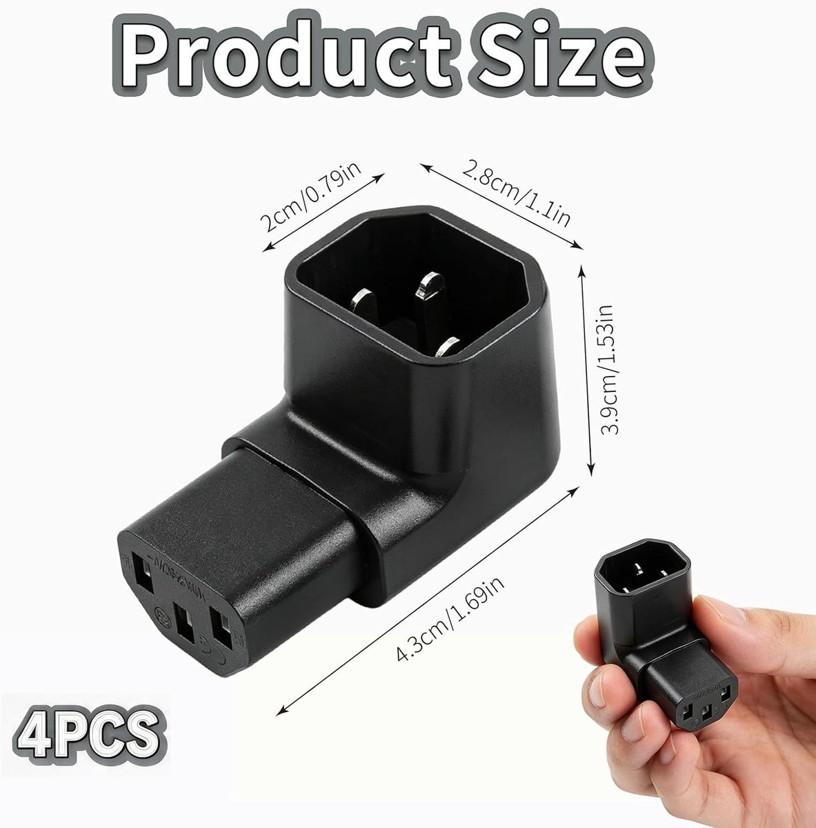 4 stuks voedingskabel C14 naar C13, 90 graden naar beneden, netadapter, 250 V, 10 A, 3-polig, IEC C13 stekker, stroomkabel voor computers, PDU en elektrische apparaten