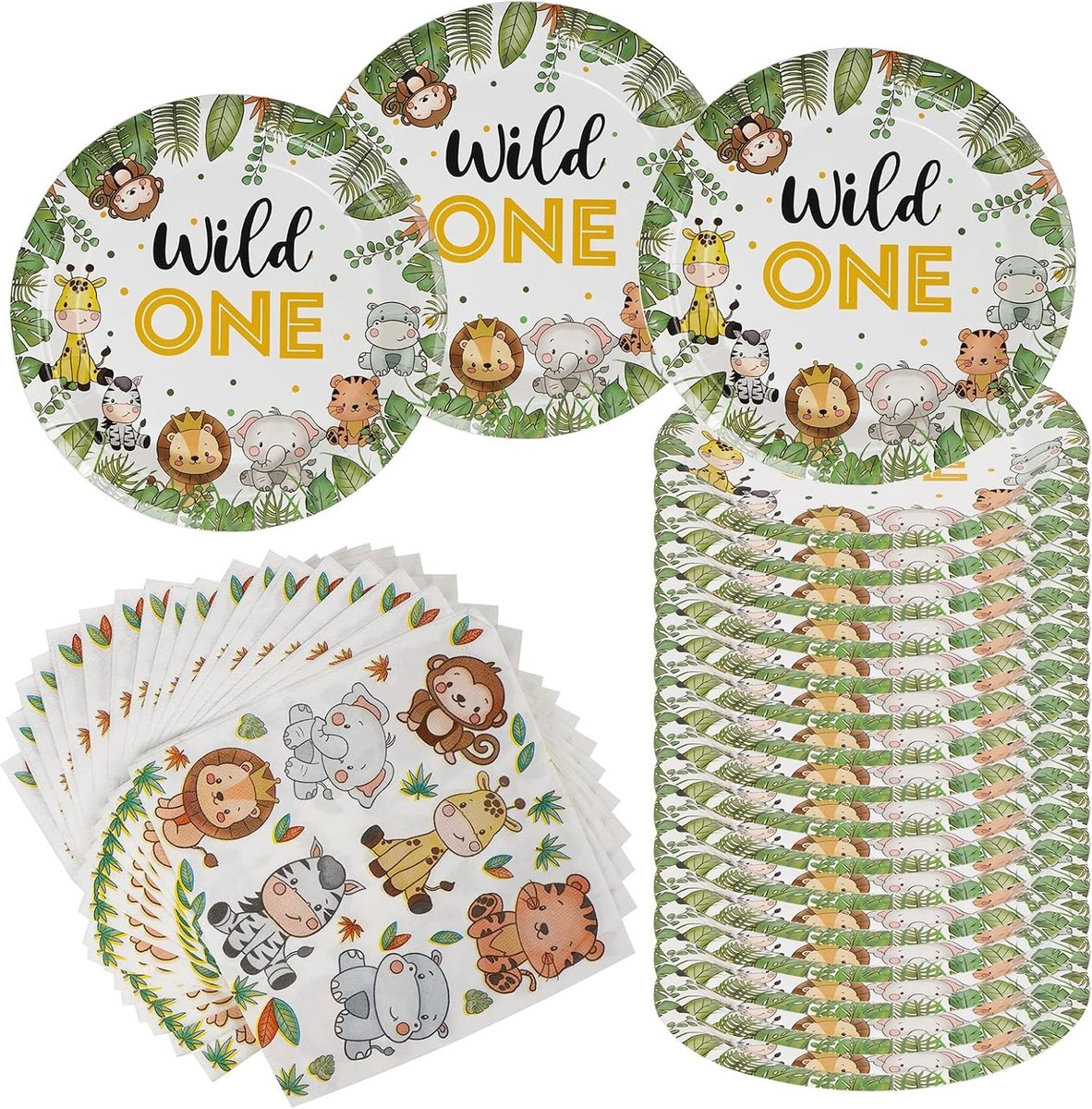 Jungle Verjaardagsservies Set voor 1 Jaar, 40 Stuks met Papieren Borden en Servetten voor Jungle Thema Feestjes, Geschikt voor Jongens en Meisjes