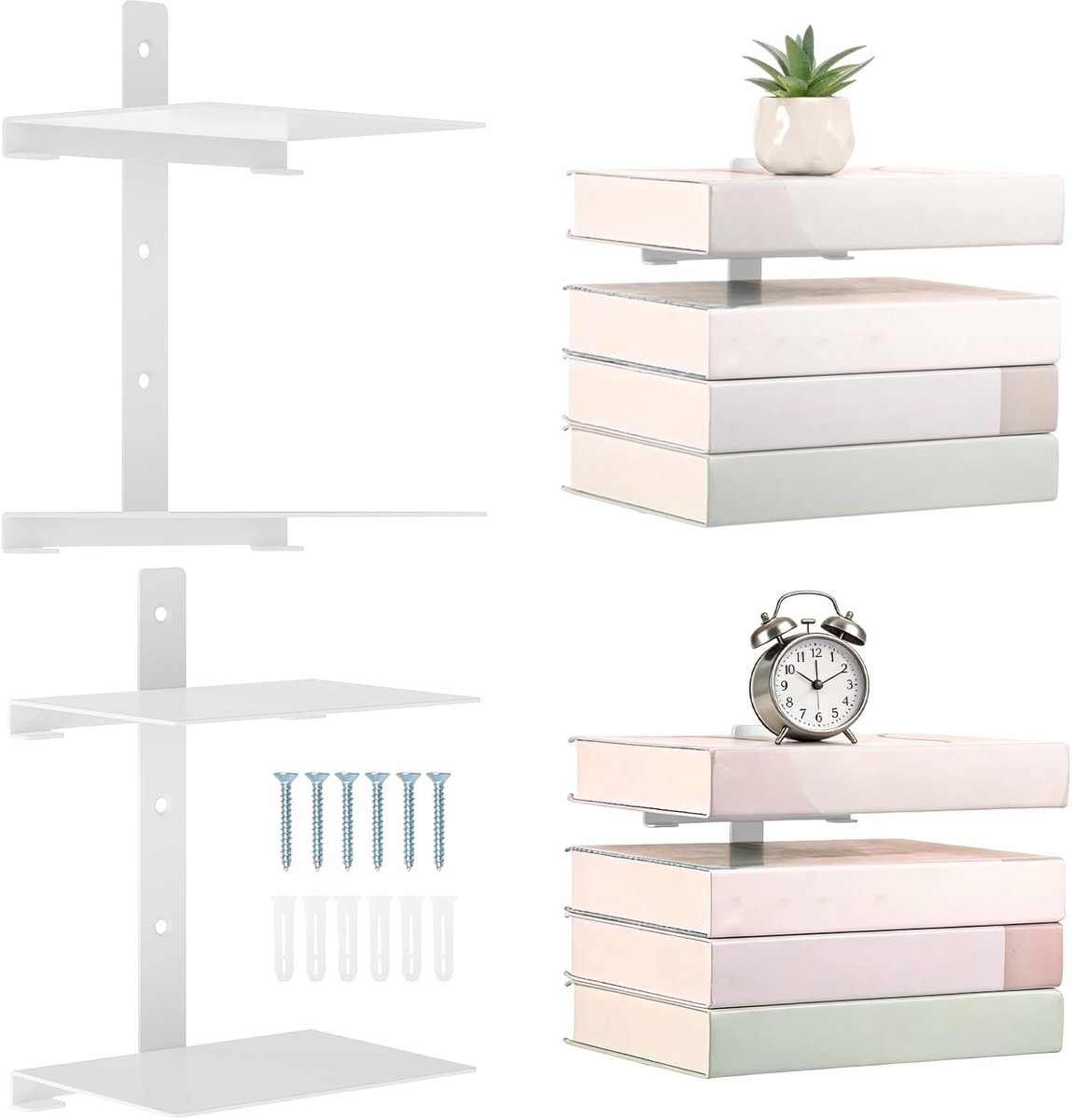 Zwevende boekenplanken, 4 verdiepingen, verticaal, onzichtbare boekenplanken, metaal, zwevend boekenrek voor slaapkamer, decoratie in thuiskantoor (wit)