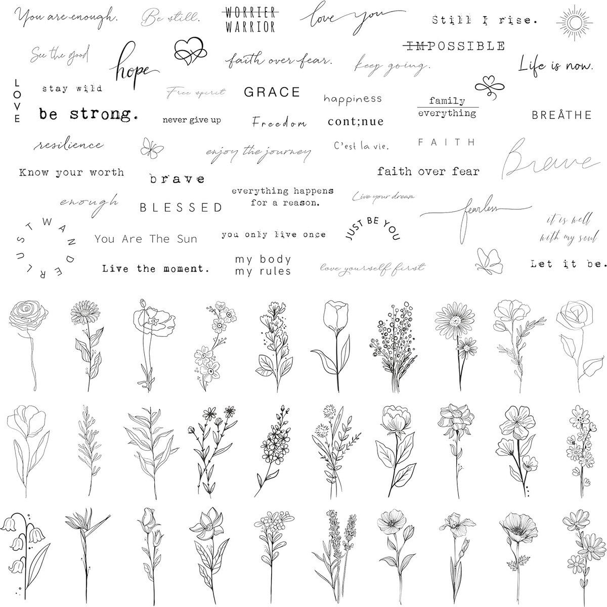 Tijdelijke tatoeages - 60 vellen kleine kleine verwijderbare tatoeages, 30 pc's inspirerende citaten woorden tatoeages, 30 pc's wilde bloem inkt lijn botanische bloemenblad tattoo -stickers voor vrouwen