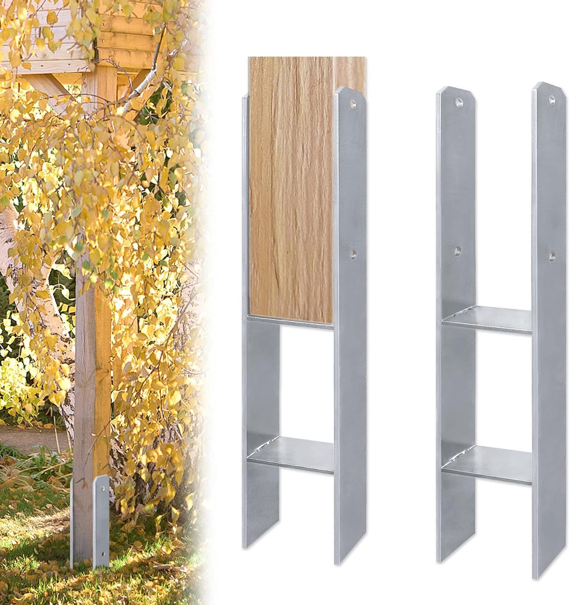 H-paalhouder Set Vervaardigd Uit 5mm Staal Thermisch Verzinkt Houten Paalvoetplaat Anker Grondkoker Universele Afrasteringspaal Beugels voor Tuinschermen Pergola's (91x60x600mm, 2 Stuks)