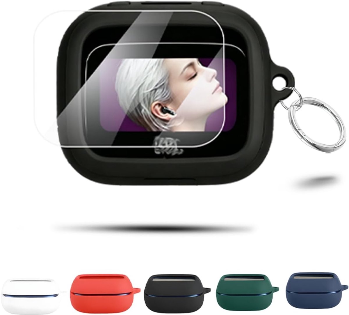Hoes voor JBL, Live Beam 4 draadloze hoofdtelefoon, zachte siliconen beschermhoes, huidvriendelijke etui met ronde gesp, 1 stuks schermbeschermfolie, volledige bescherming, zwart
