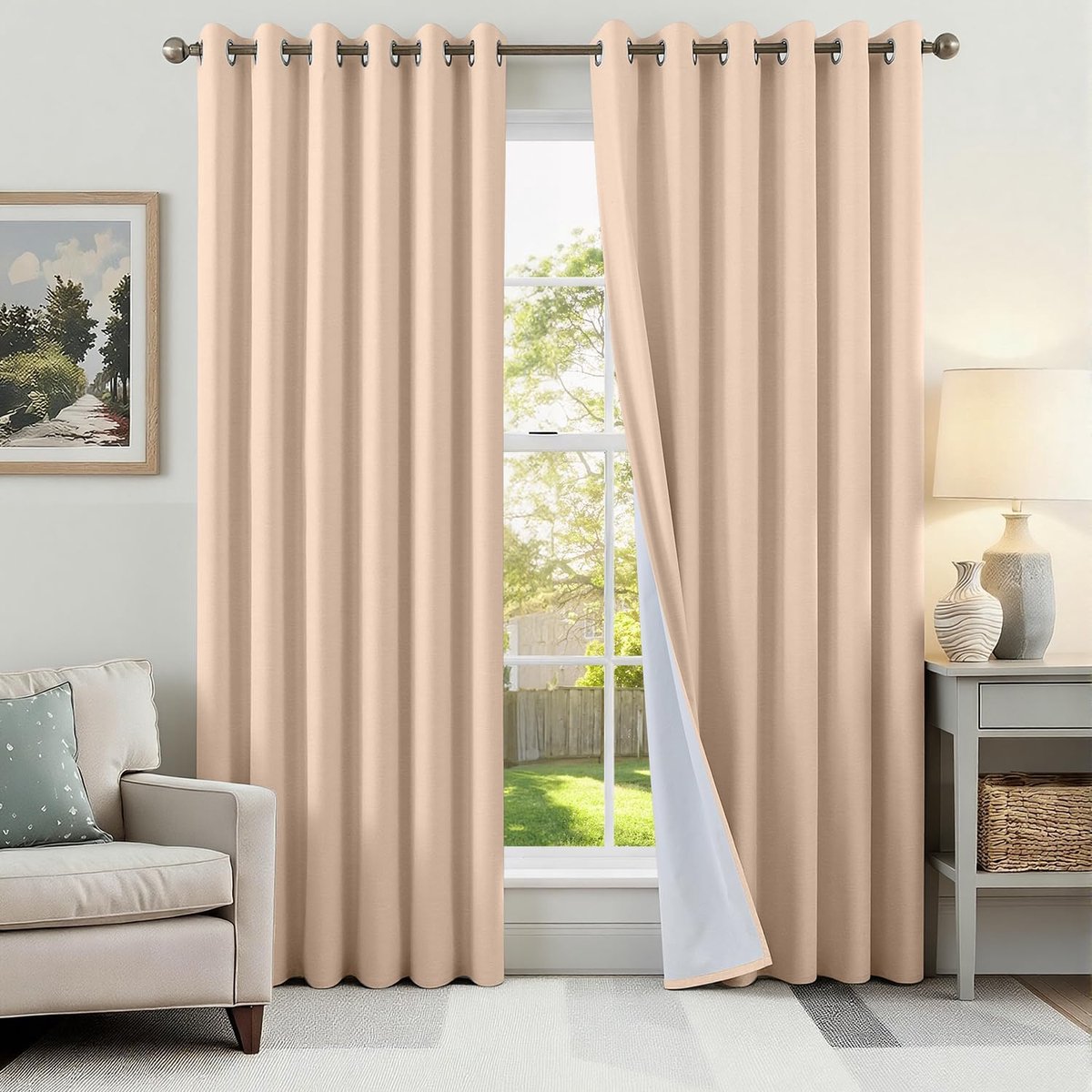 100% Verduisteringsgordijn, linnen, warmte-isolerend, 2 stuks, 200 x 245 cm, met oogjes, perzikroze, koudewerend, uv-bescherming, geluidsbescherming, decoratie voor slaapkamer, woonkamer