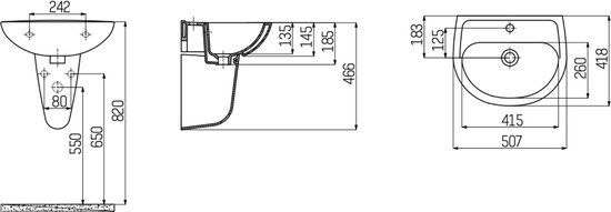 Technische tekening van een witte keramische wastafel (507x418mm) met afmetingen aangegeven in millimeters.
