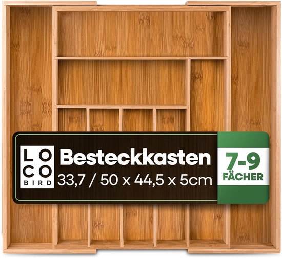 Famanu – Bestekbakken voor bamboe laden - tot 9 vakken - Handige bestekbakjesindeling voor keukens - Lade-inzetstuk voor keukenladen - Houten bestekverdelers