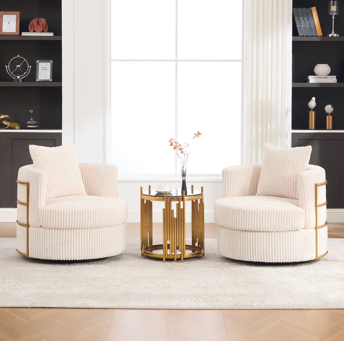 DESMIU Fauteuilset - 360 Graden Draaibaar Met Opbergruimte Onder Zitting - Voor Woonkamer En Slaapkamer - Ribfluweel - 76x79x78 Cm - Beige