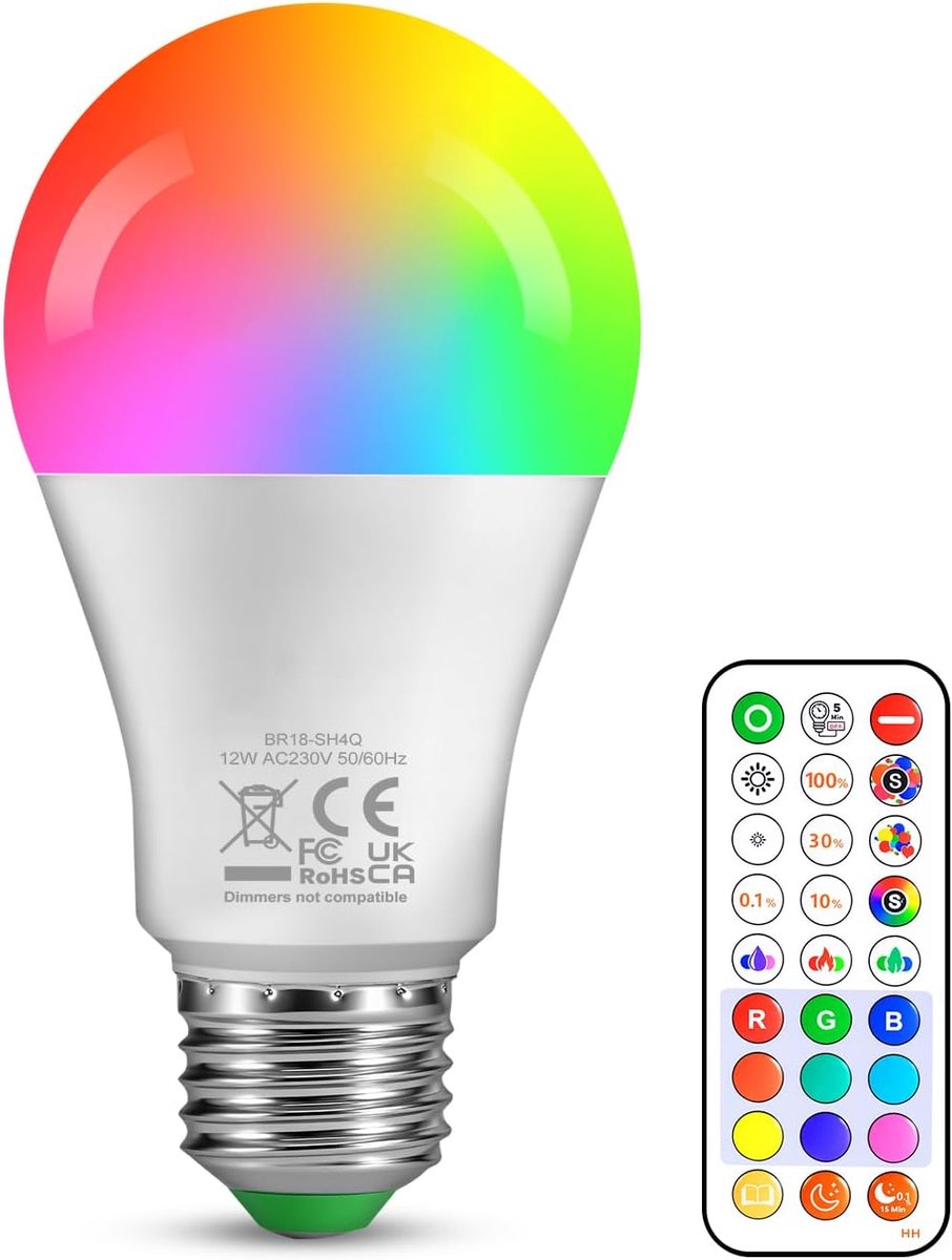 Ledlamp, E27-12 W, RGB, kleurverandering, 1100 lumen, neutraal licht, 4000 K, Edison-schroef, energiezuinig, slaapkamer, woonkamer