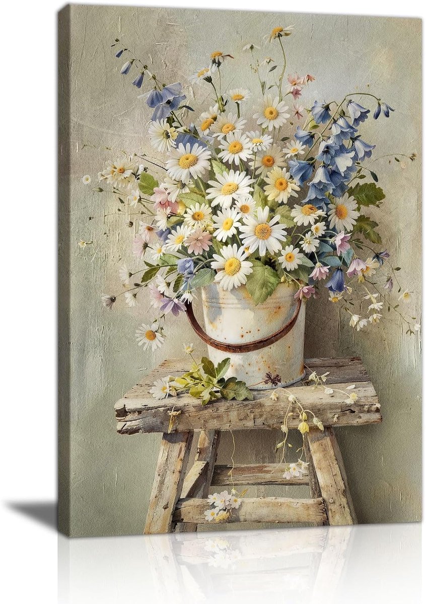 witte madeliefjes boeket canvas muurkunst prints, rustiek stilleven realistische bloemen canvas schilderij esthetische bloeiende bloemen muur foto woondecoratie voor woonkamer slaapkamer