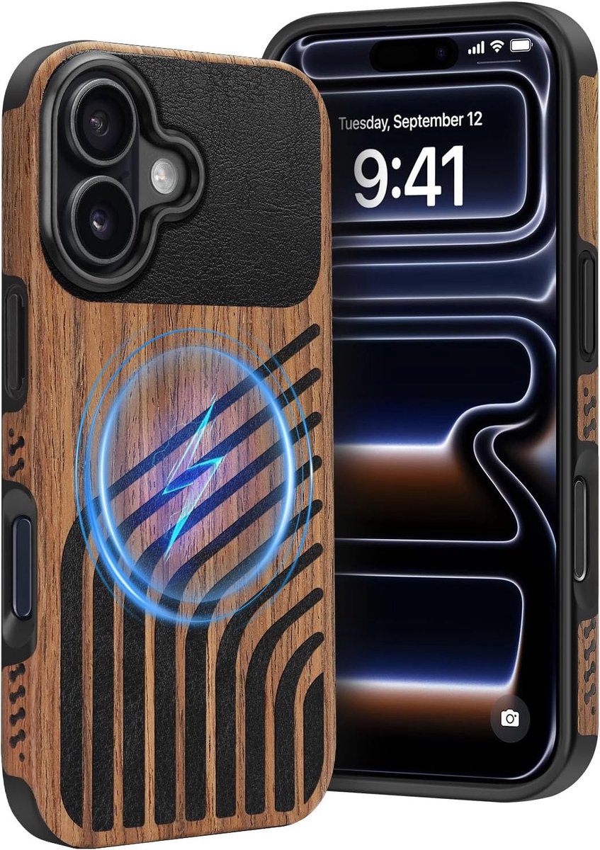 Hoes Compatibel met iPhone 17 Hoesje (Compatibel met Magsafe), (Natuurlijk Hout & Leer & Koolstofvezel Hybride) Robuuste Dunne Telefoonhoes, Chord