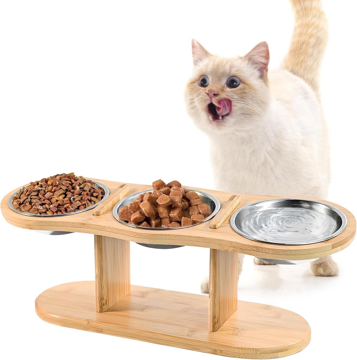 Kattenvoerbak: Voederstation voor katten met 3 roestvrijstalen kommen, verhoogde kattenvoerbak met verstelbare hoogte en houten standaard, verhoogde voer- en waterbak voor katten en