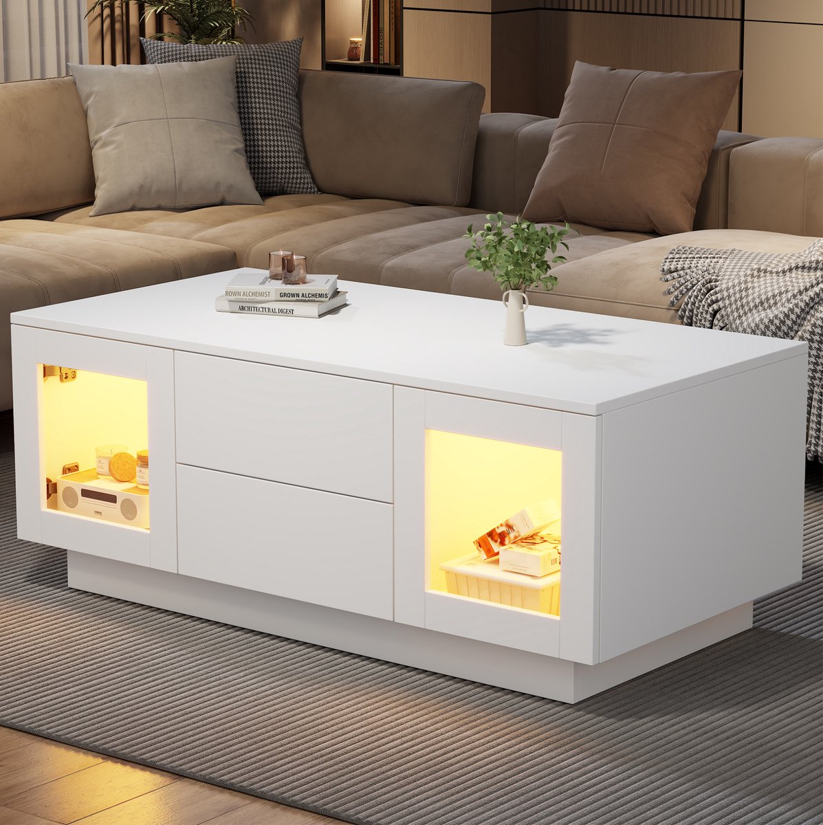 DESMIU Salontafel - Ledverlichting Met Appbediening En Opbergruimte - Voor Woonkamer, Kantoor En Werkkamer - MDF - 100x50x40 Cm - Wit