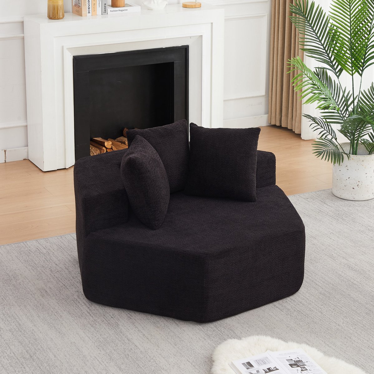 REDOM Fauteuil - Hexagonaal modulair ontwerp - Met armleuningen en 3 kussens - Moderne stijl - Chenille stof - Zwart - 122 x 138 x 76 cm