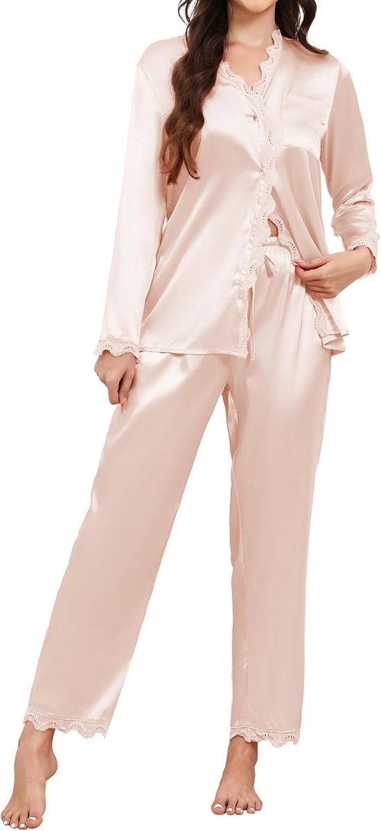 lange mouwen zijden pyjama voor dames sets zachte satijnen knoopsluiting kanten rand loungewear met zakken