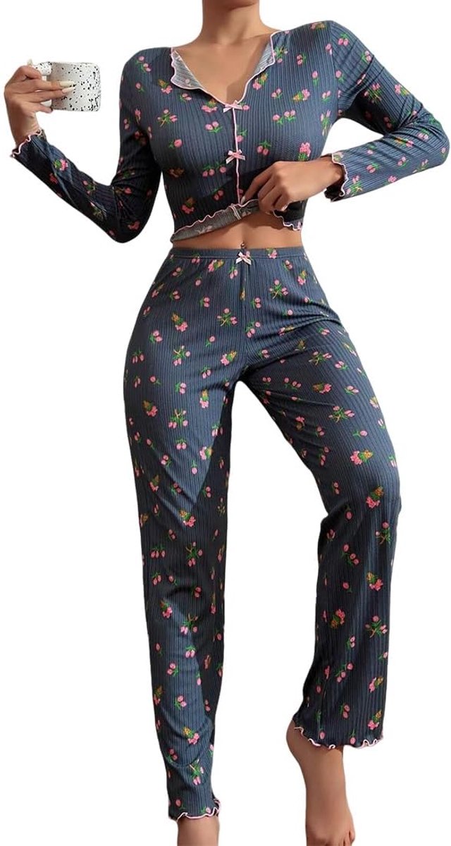 Winterpyjama voor dames van polyester, lange mouwen, 2-delige set voor dames, lange mouwen, voor de winter, bovendeel en broek, zachte nachtkleding