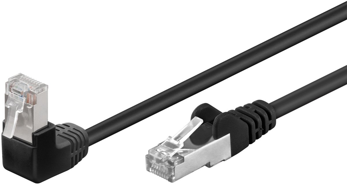 Goobay CAT 5e netwerkkabel 1x 90° haaks, F/UTP, zwart, 0,5 m, met koper beklede aluminium geleider (CCA), 1x RJ45-stekker 90° (8P8C)
