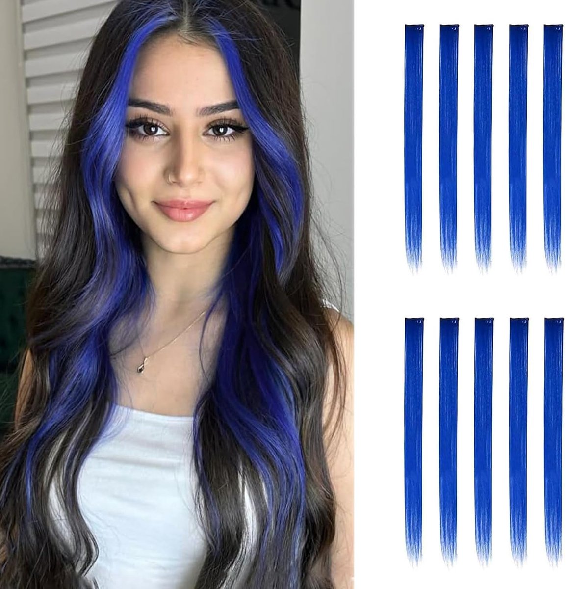 10 stuks clip-in haarverlengingen voor meisjes, 55 cm, clip-in extensions, echt haar met clips, hittebestendige haarstrengen voor dagelijks gebruik, feestjes en creatieve stijlen, blauw