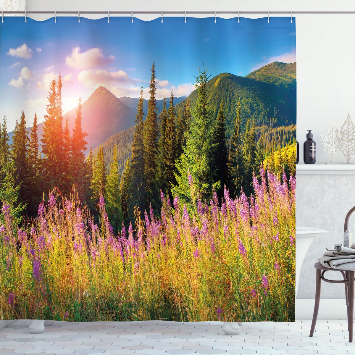 ABAKUHAUS Natuur Douchegordijn, Lente-Bloemen-Berg, Stoffen Badkamerdecoratieset met Haken, 175 x 200 cm, Groen Roze