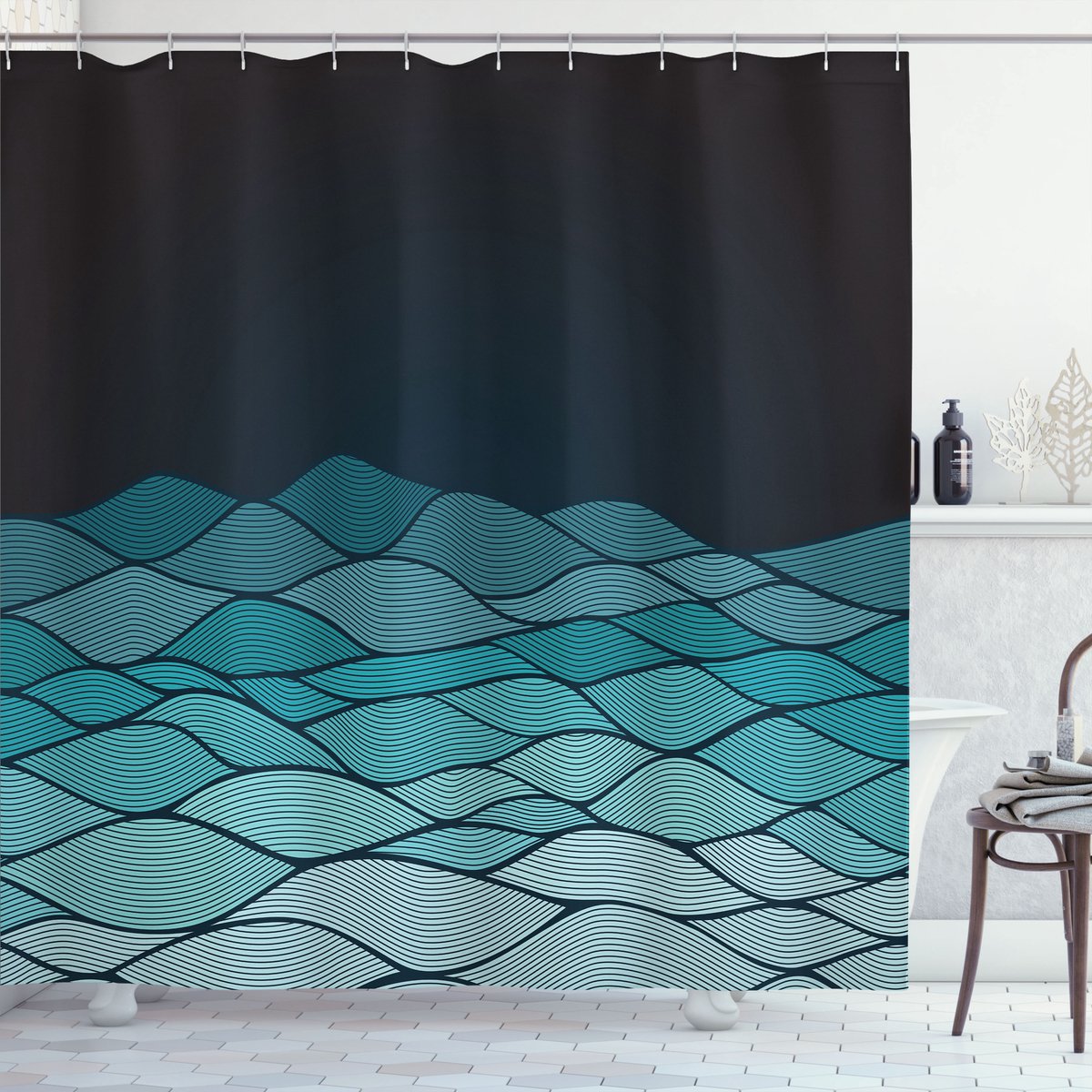 ABAKUHAUS Golven Douchegordijn, Blauw Ombre Abstract Curves, Stoffen Badkamerdecoratieset met Haken, 175 x 180 cm, Dunkles Petrolblau Meerblau