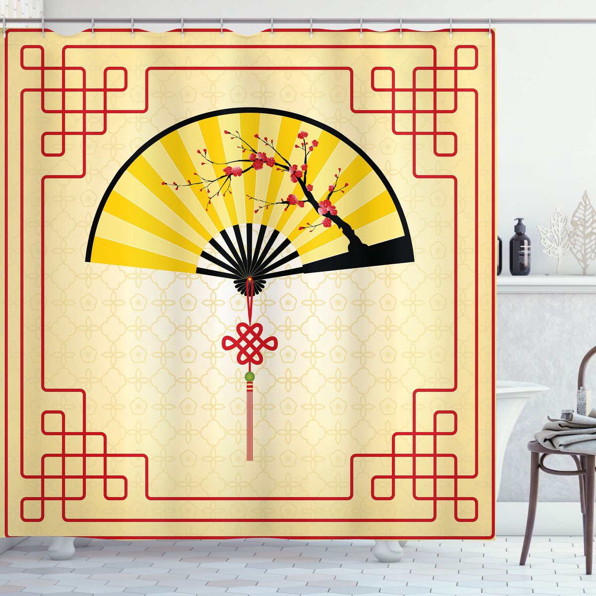 ABAKUHAUS Aziatisch Douchegordijn, Cherry Blossom Orient, Stoffen Badkamerdecoratieset met Haken, 175 x 180 cm, Bruin Geel Zand Rood