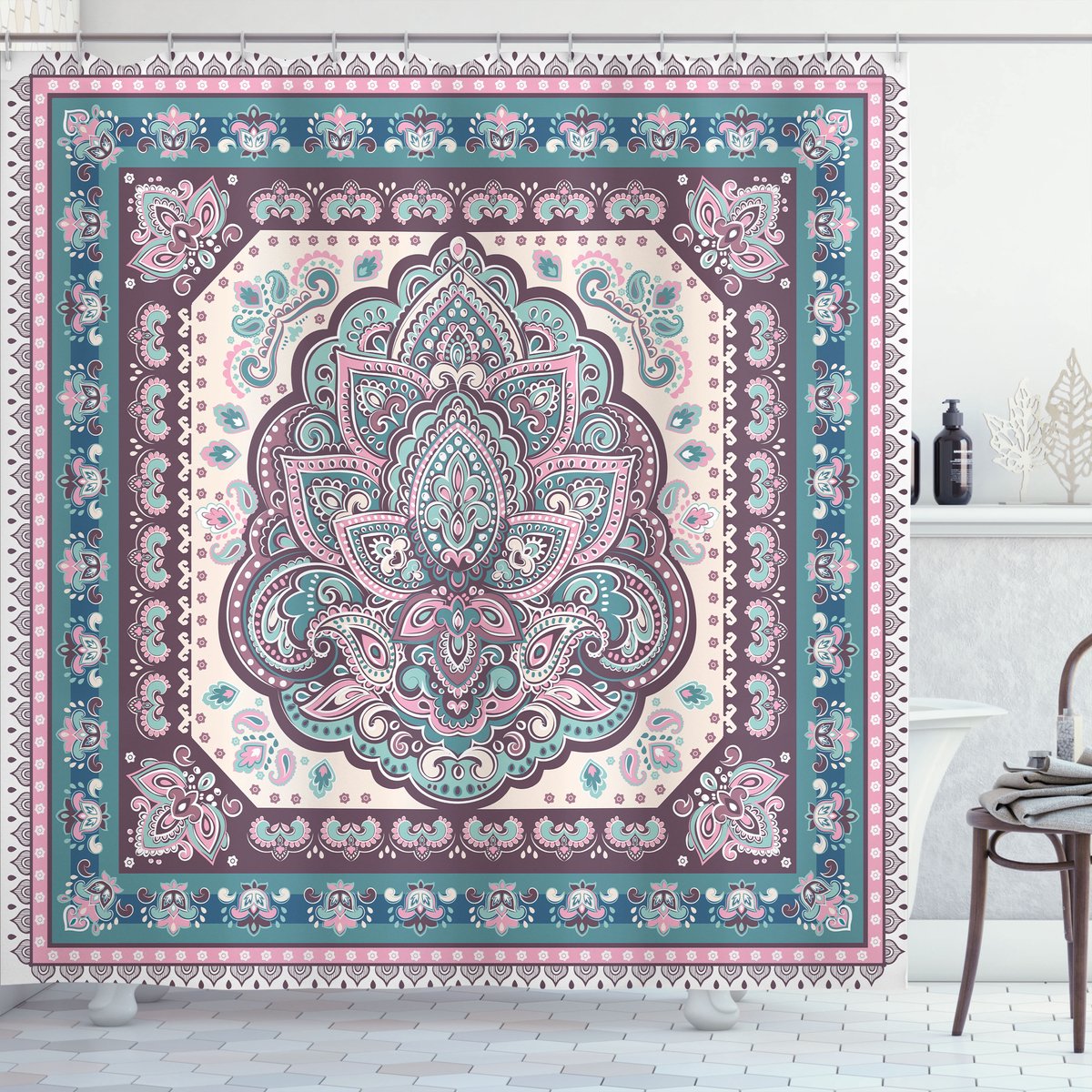ABAKUHAUS Etnisch Douchegordijn, Paisley Oriëntaals, Stoffen Badkamerdecoratieset met Haken, 175 x 240 cm, Licht Roze Paars