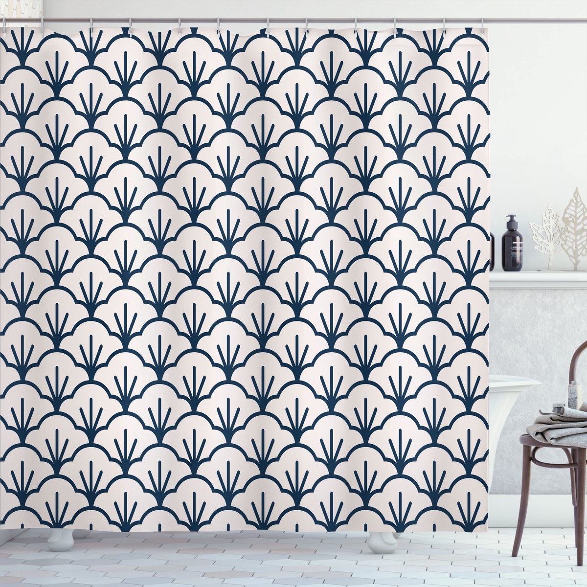 ABAKUHAUS Kunst Deco Douchegordijn, Oosters Cloud-Motief, Stoffen Badkamerdecoratieset met Haken, 175 x 220 cm, Donker Blauw Crème