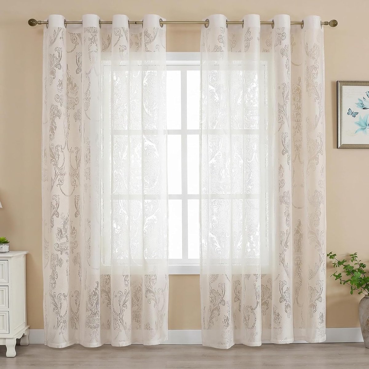 vitragegordijnen, damastpatroon, 4 cm ringen, 2 stuks, 140 x 260 cm