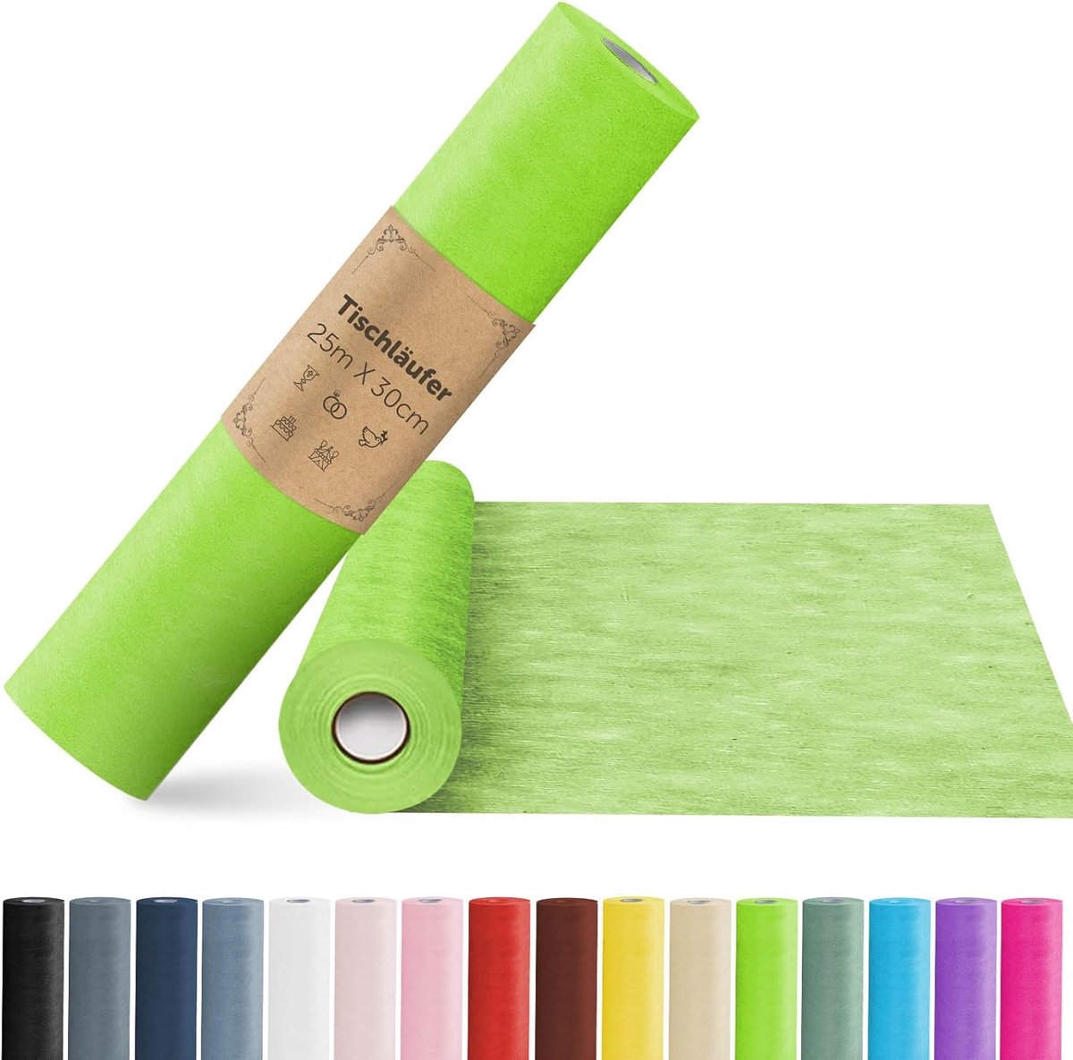 25 m x 30 cm Vlies Tafelloper, Tafellopertafeldecoratie Tafelband voor Communie, Bruiloften, Eerste Schooldag, Doop, Verjaardagen, Jeugdwijding en Feest(Appelgroen)