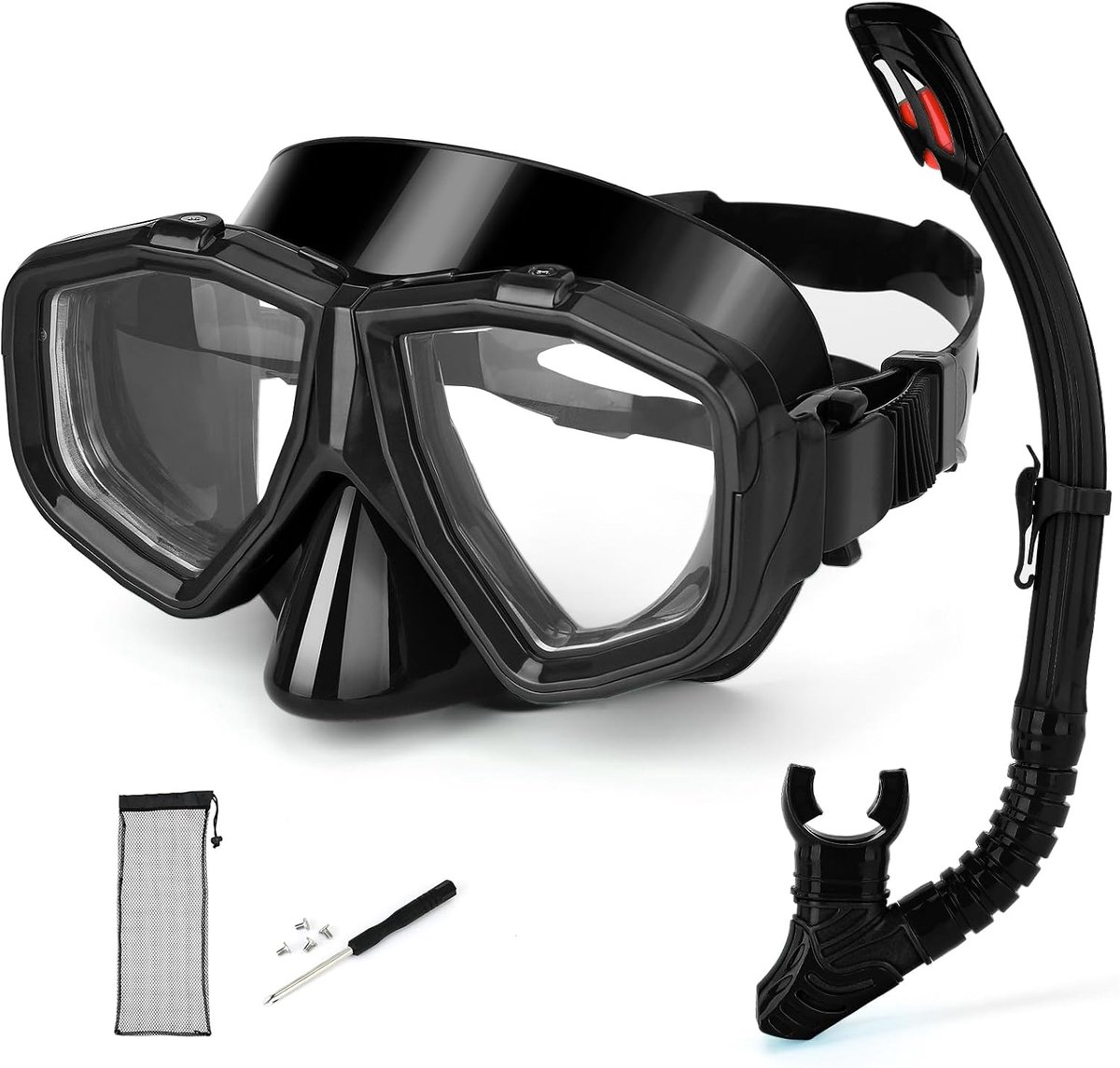 Snorkeluitrusting voor volwassenen en jongeren met bijziendheid, condensvrij duikmasker voor kortziende en volledig droge siliconen snorkel voor duiken