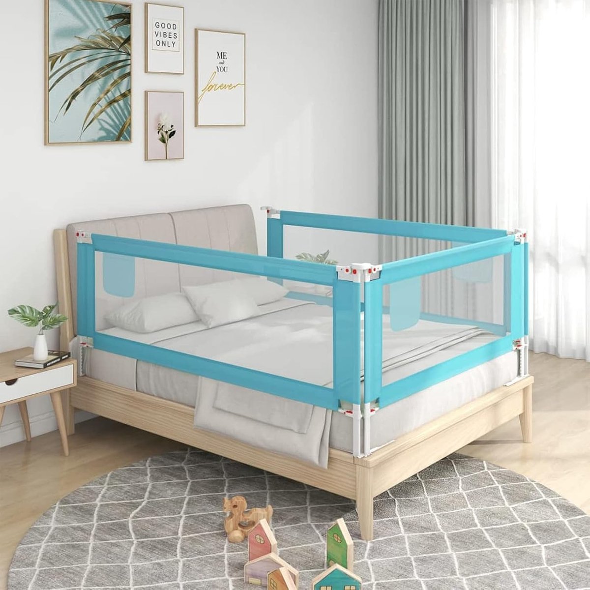Leuning voor kinderbed, veiligheidsleuning, kinderbed, stof, blauw, 90 x 25 cm, veiligheidsbescherming, voor baby's, draagbaar en stabiel