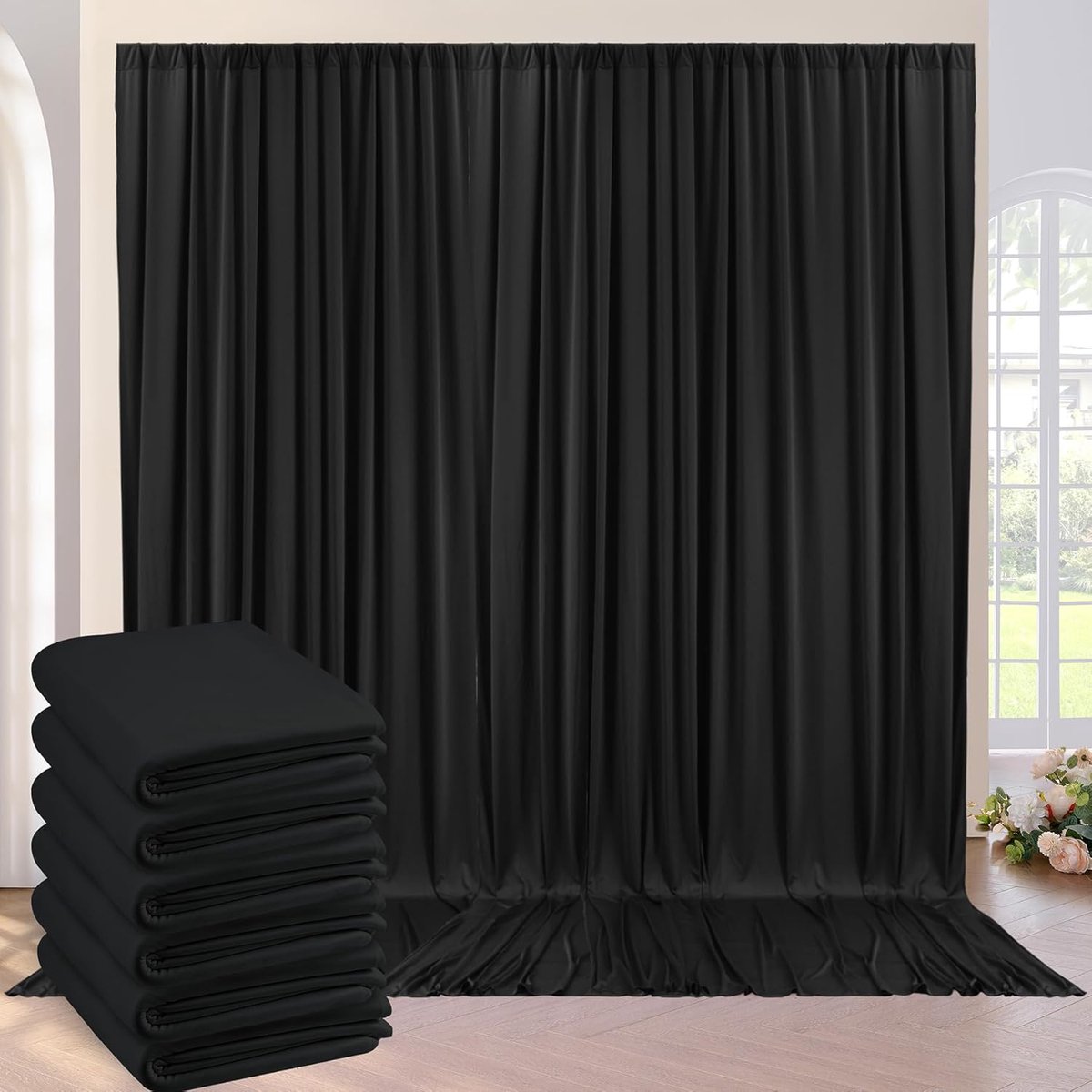 6 x 3 m, zwart achtergrondgordijn, 6 panelen, 1,5 x 2,15 m, polyesterzijde, kreukvrij, voor verjaardag, fotografie, bruiloft, feest, babyshower