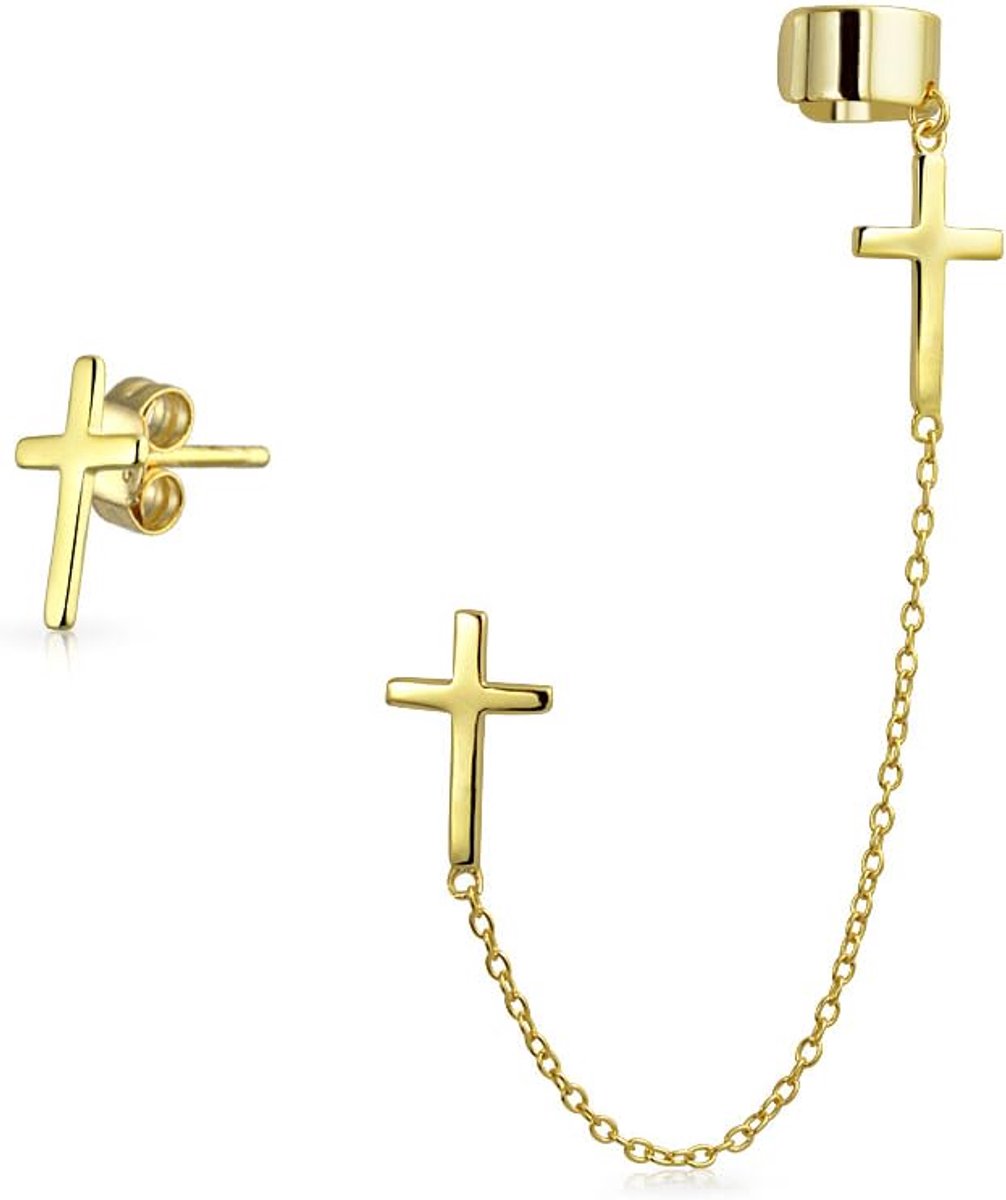 Kruis oor lobe kraakbeen oorbel clip voor helix lineaire lange omwikkelde ketting oor manchet oorbel set 14 karaat goud verguld 925 sterling zilver