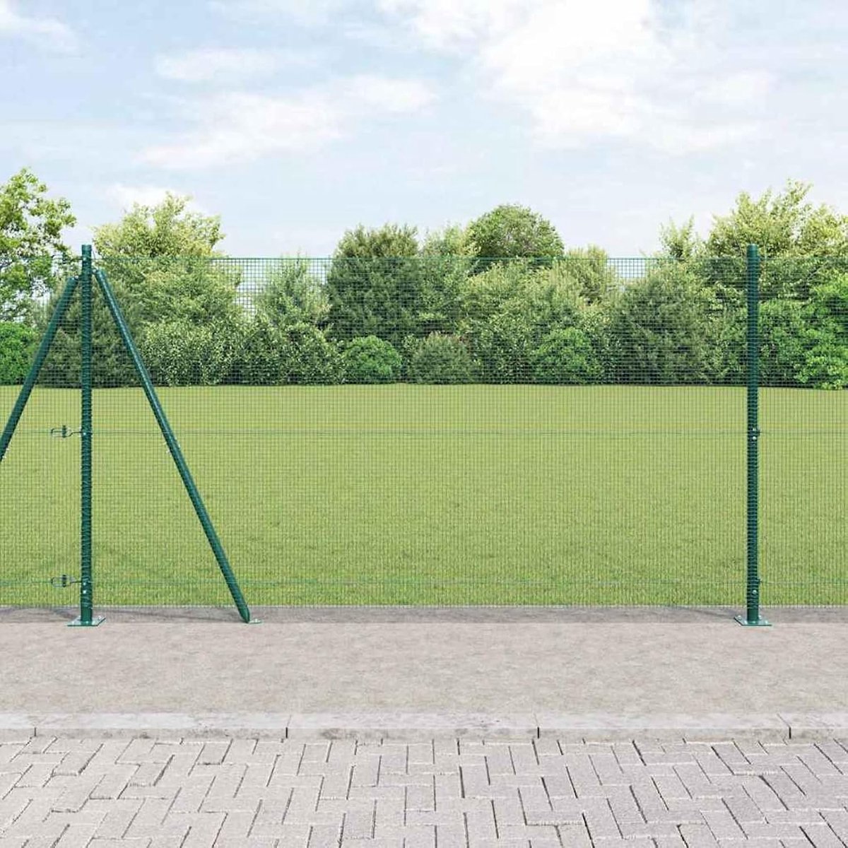 Gelaste draadomheining met 7 flenzen groene palen 1,2 x 10 m staal, mobiel hek tuinhek voor tuin binnenplaats, kippenhek, konijnenhok 3352404