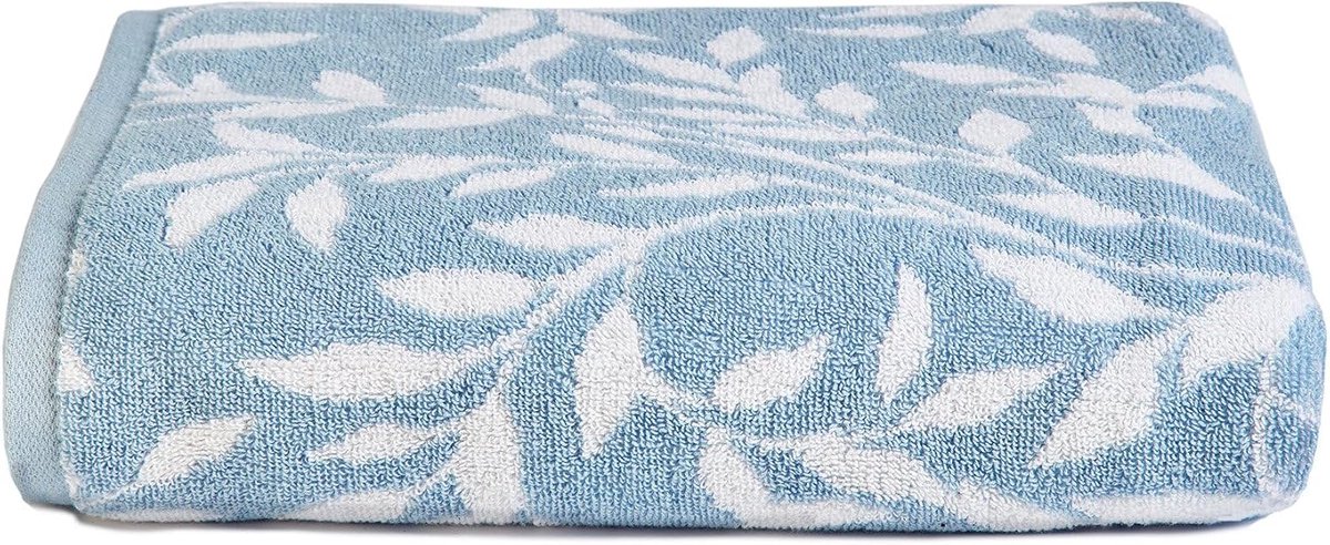 & Drapes - Blue Leaf badhanddoek (70 x 130cm) - 100% katoen - Soft Touch & Fluffy - Botanical vintage handdoek in blauw - blauwe bloemenhanddoek - blauwe badhanddoek/badlaken - Badlaken -