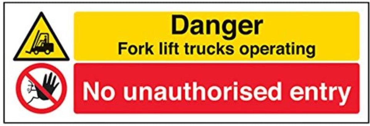 "Fork Lift Trucks Operating/No Unauthorised Entry" waarschuwingsbord voor voertuigen, zelfklevend, landschap, 300 mm x 100 mm, zwart/rood/geel